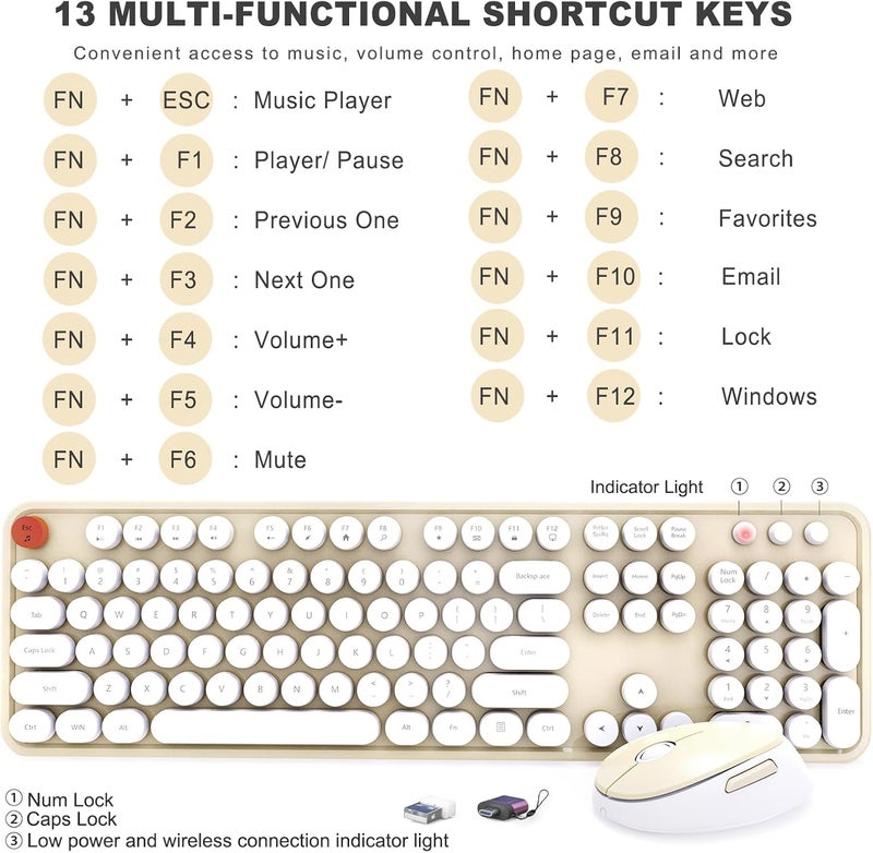 SkyGive Wireless Keyboard and Mouse Combo, Ergonomic Full Size Typewriter Retro Round Keycaps Keyboard, Compatible with Windows, PC, Perfer for Home and Office Keyboards (Beige - Image 4